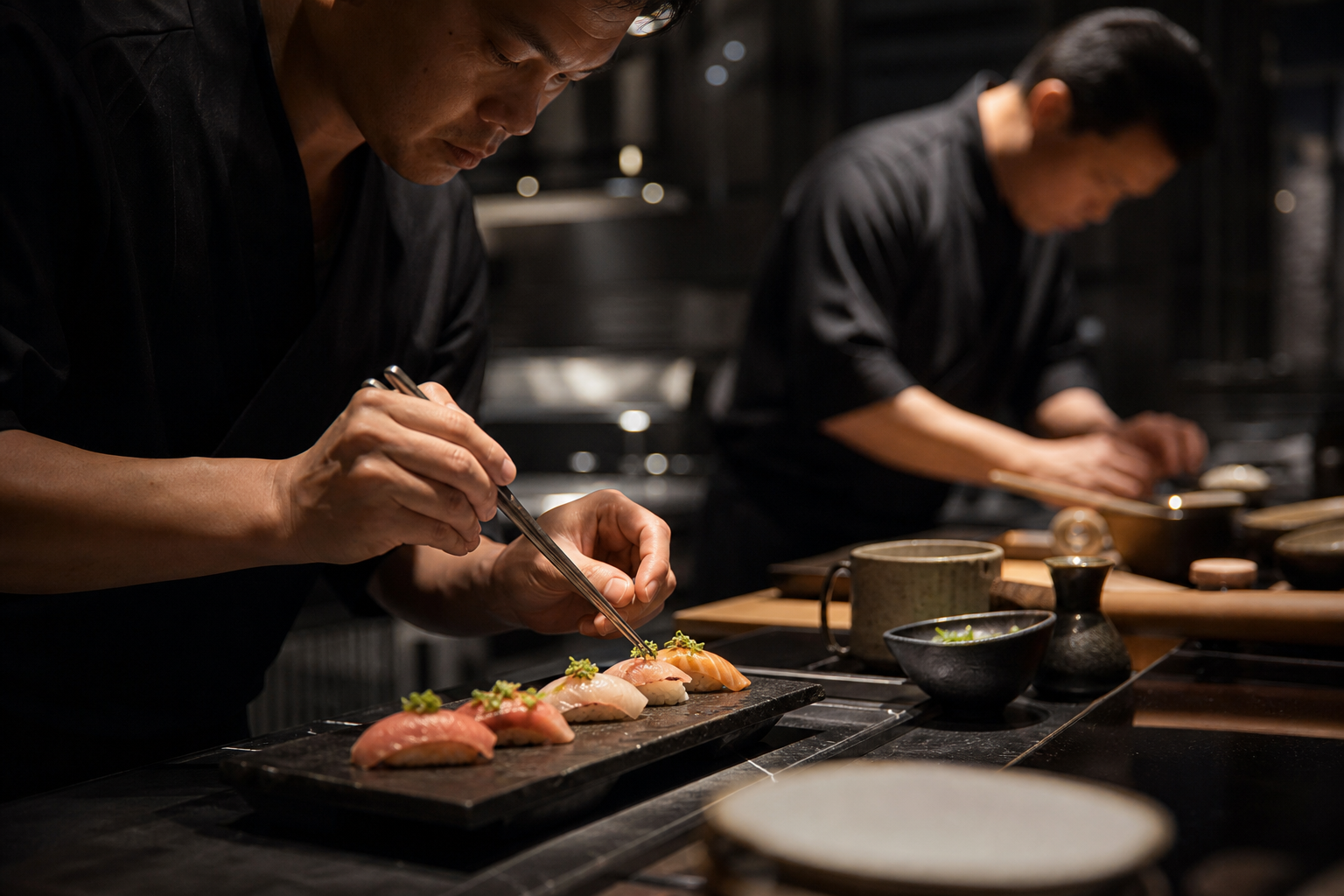 Chefs plating sushi in a dark kitchen