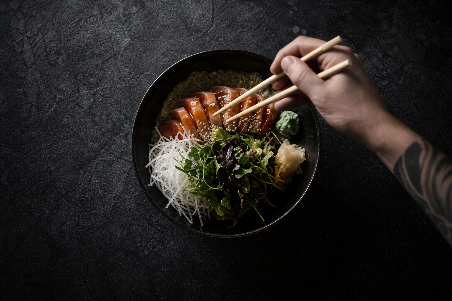 Sushi bowl with chopsticks on dark stone