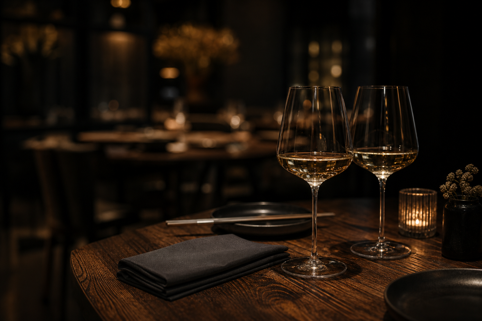 Fine dining table with wine glasses