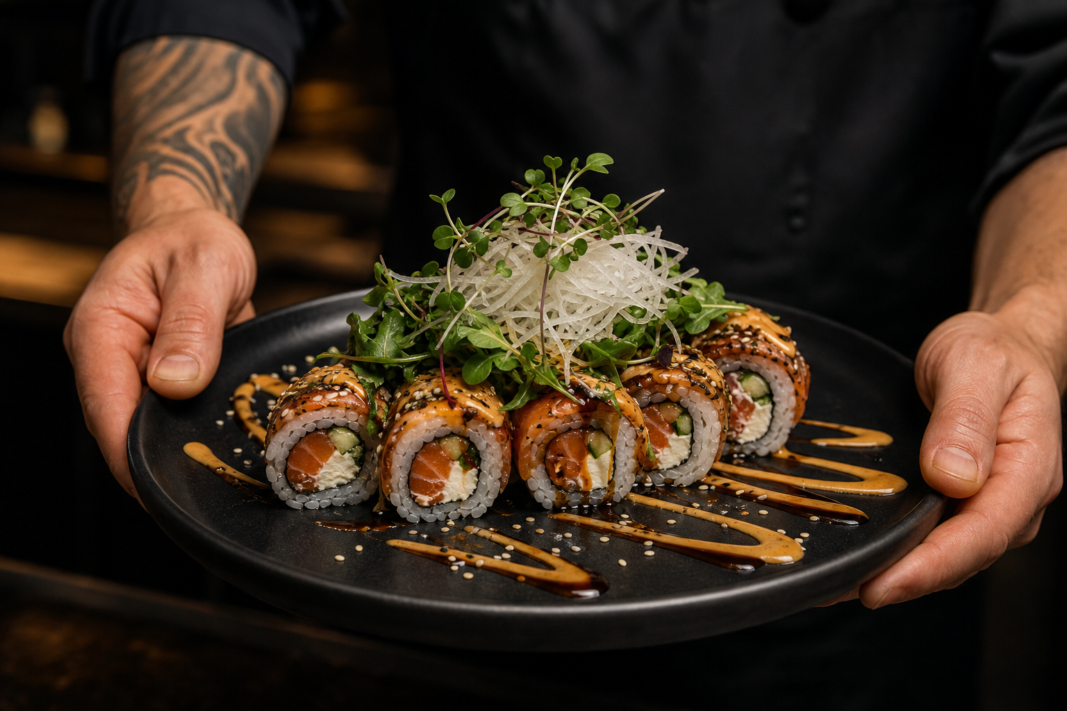 Chef presenting sushi rolls on a black plate